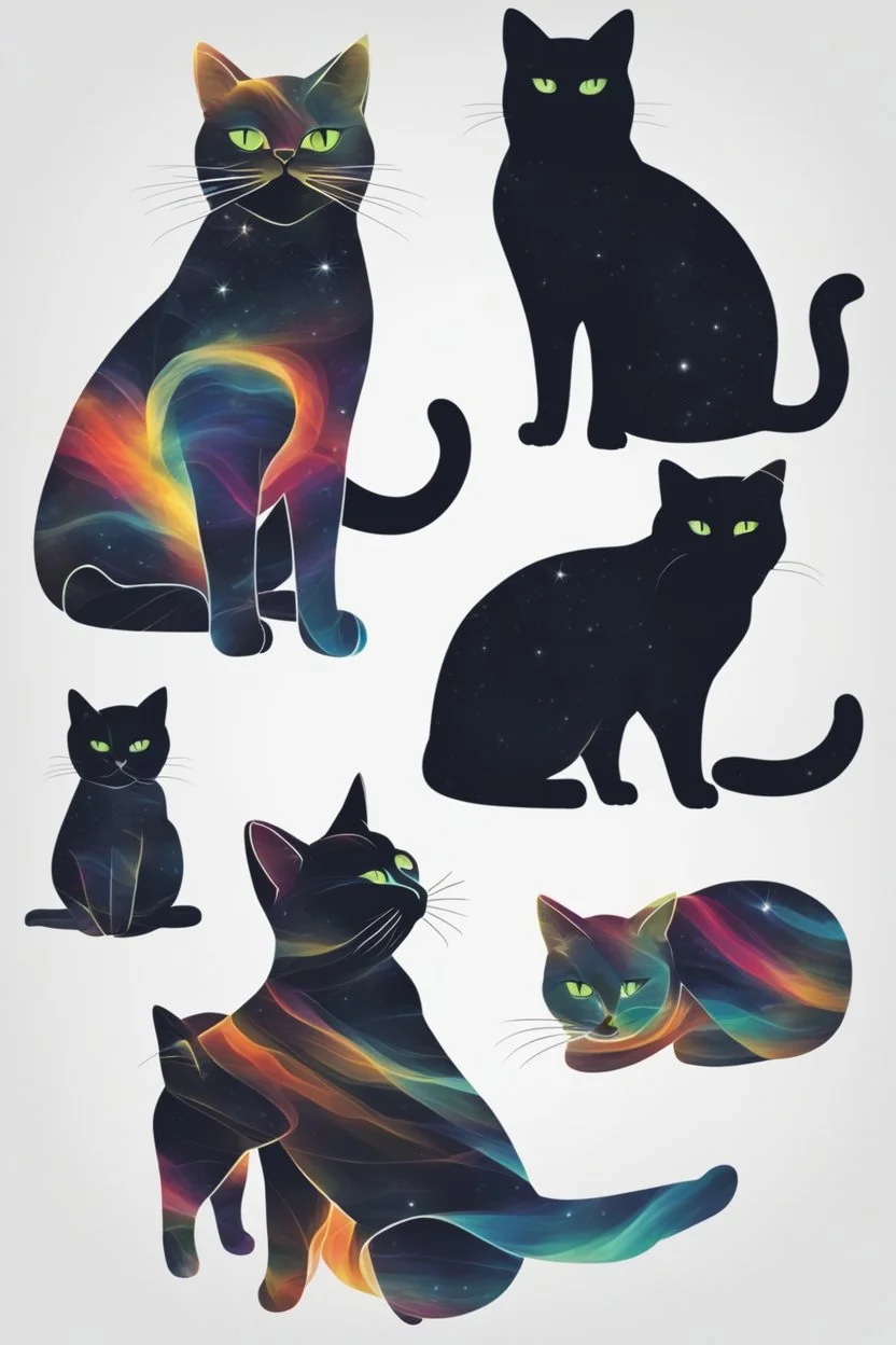 high quality, beautiful and fantastically designed silhouettes of colorful cat due to gravitational waves, beautifully designed wavelengths, very weak vibrations caused by fluctuations in the gravitational field of the universe, wave nature, stretching and compression, by yukisakura, awesome full color,