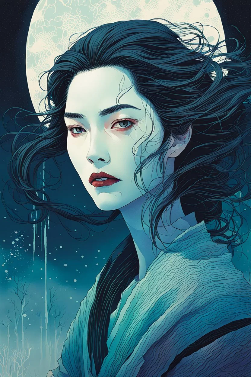 create an imaginative print illustration of an ethereal, otherworldly gaunt and withered ancient female Vetala shape shifting vampire , in the style of Hasui Kawase , Shiro Kasamatsu combined with the graphic novel style of Bill Sienkiewicz, with highly detailed feminine facial features