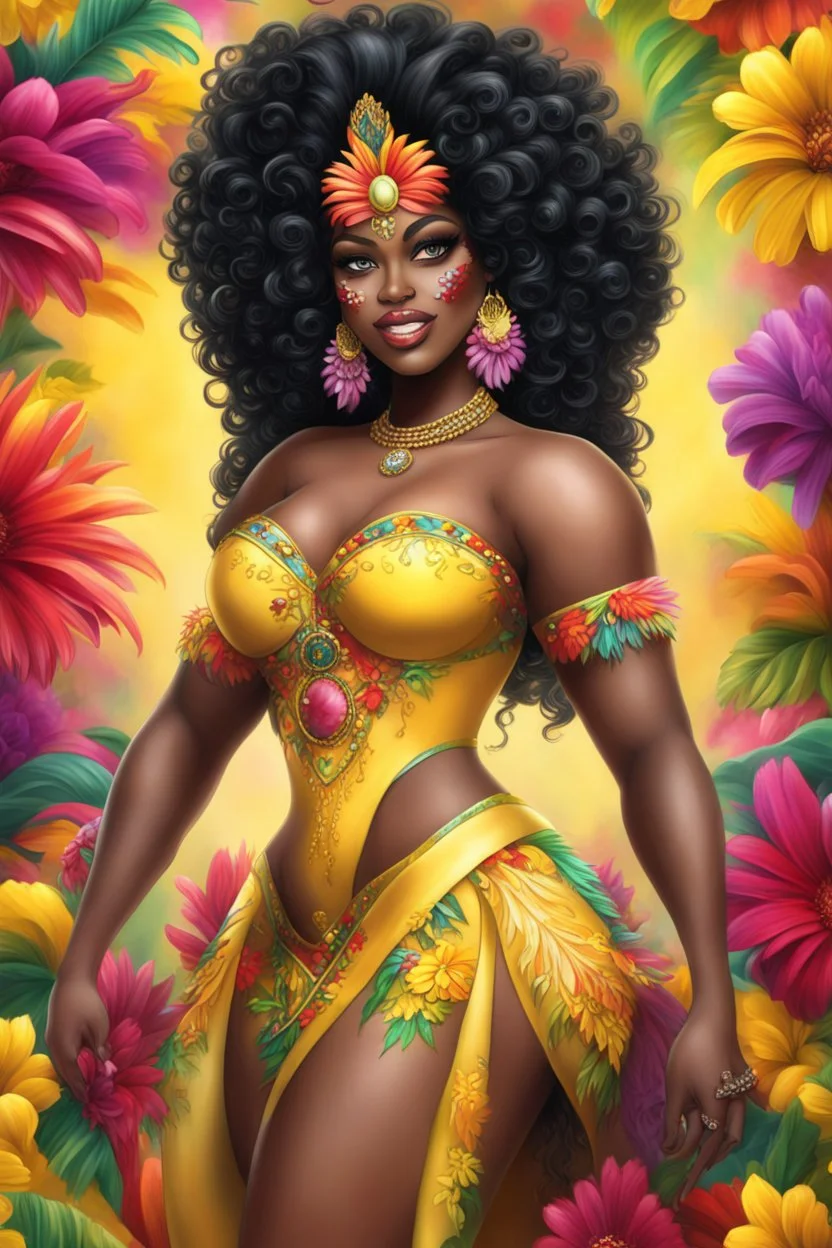 Create a digital airbrush cartoon of a curvy African American female wearing Brazilian carnaval outfit outfit that's Black, yellow, and red Prominent make up with hazel eyes. Highly detailed very long extremely curly black hair. Her skin is smooth and silky. Background eof a judge full of colorful flowers