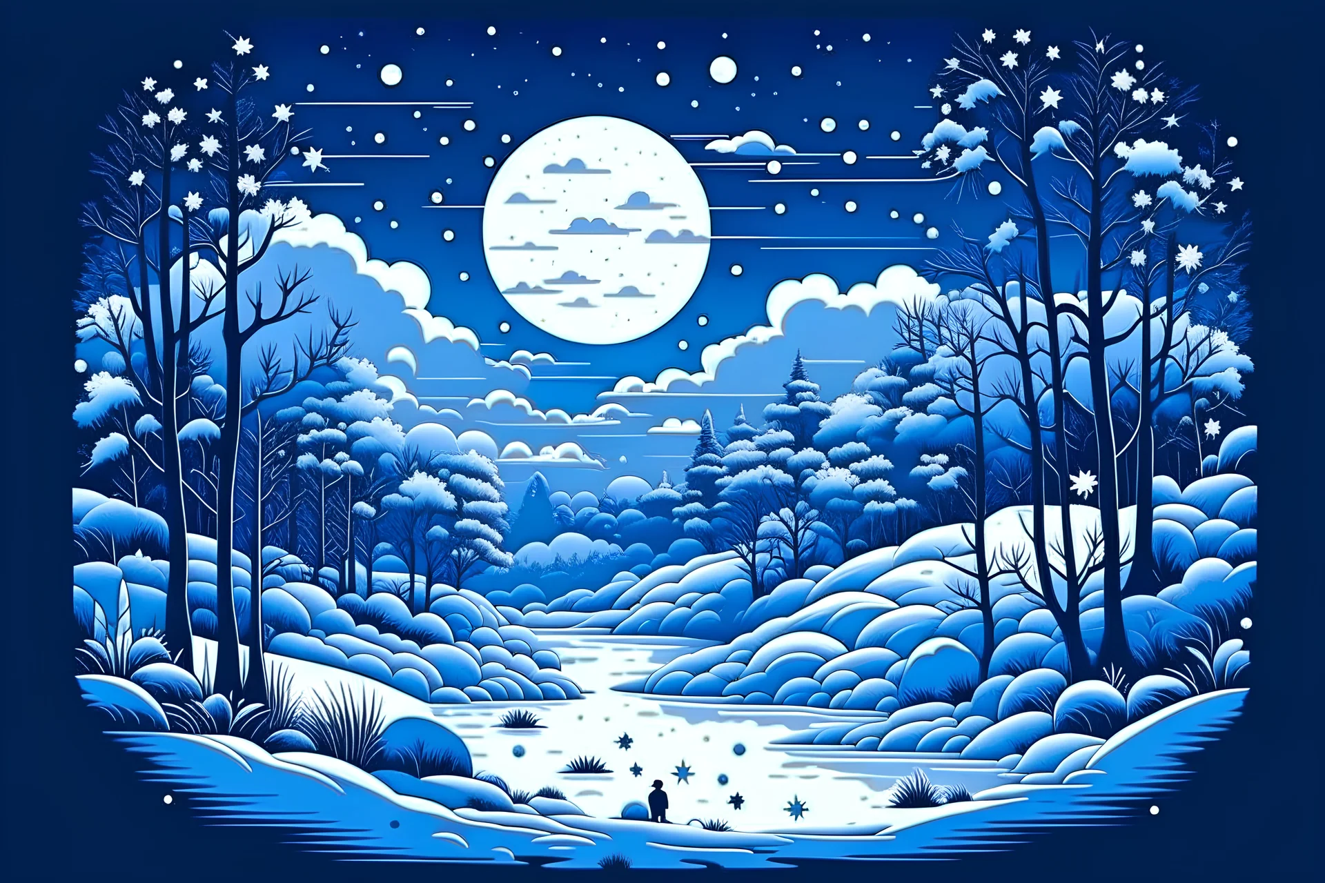 Tee shirt design snowy midnight scene in winter, surreal style