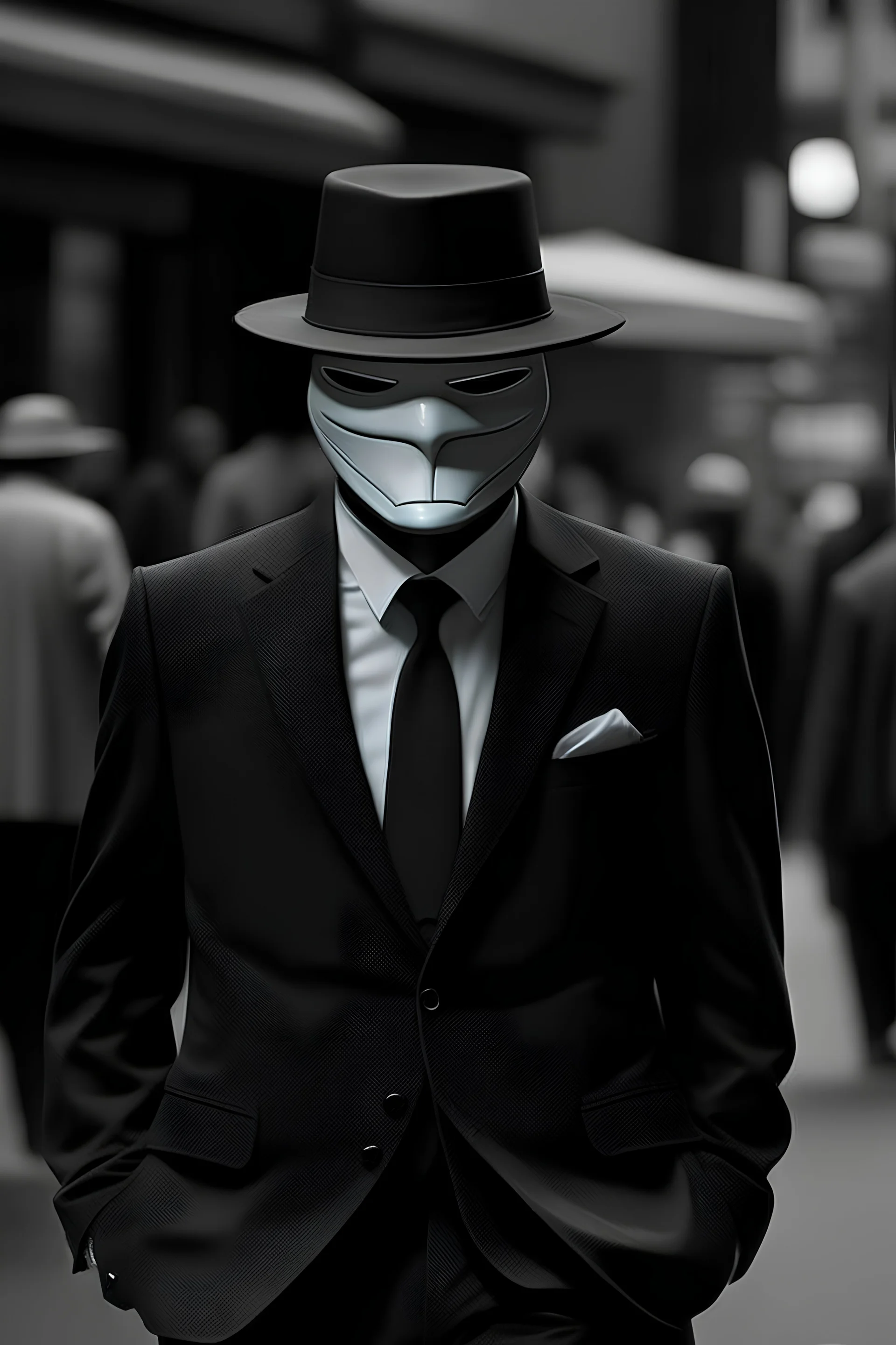 A member from anonymous with the anonymous mask on and with a black fedora hat and a fine black and white suit standing, Anonymously.