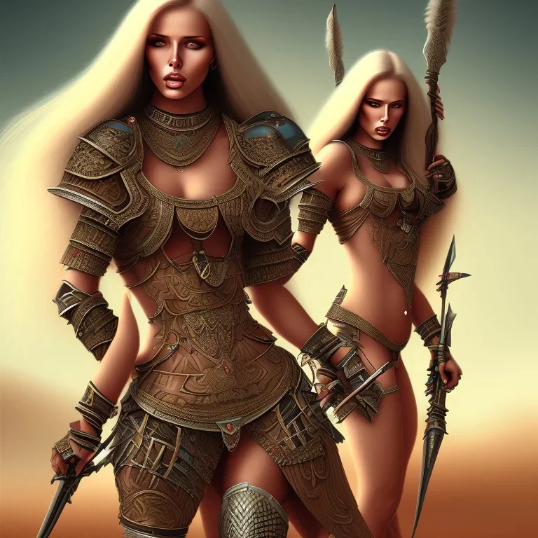 long hair lady warrior with big bobs no top under in desert