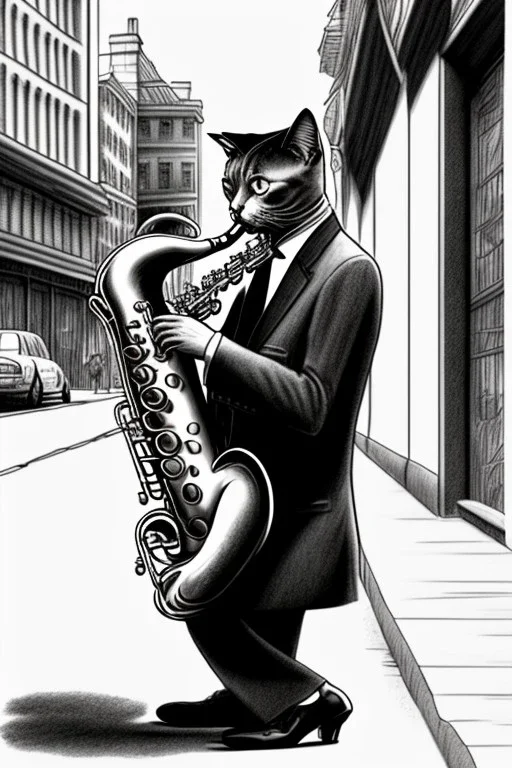 One single mature cat playing saxophone on the street, thoughtful, mourning, model style, hyper realistic, extremely accurate, delicate, extremely detailed, Graphic novel style, wide-angle, open aperture, superfine pencil