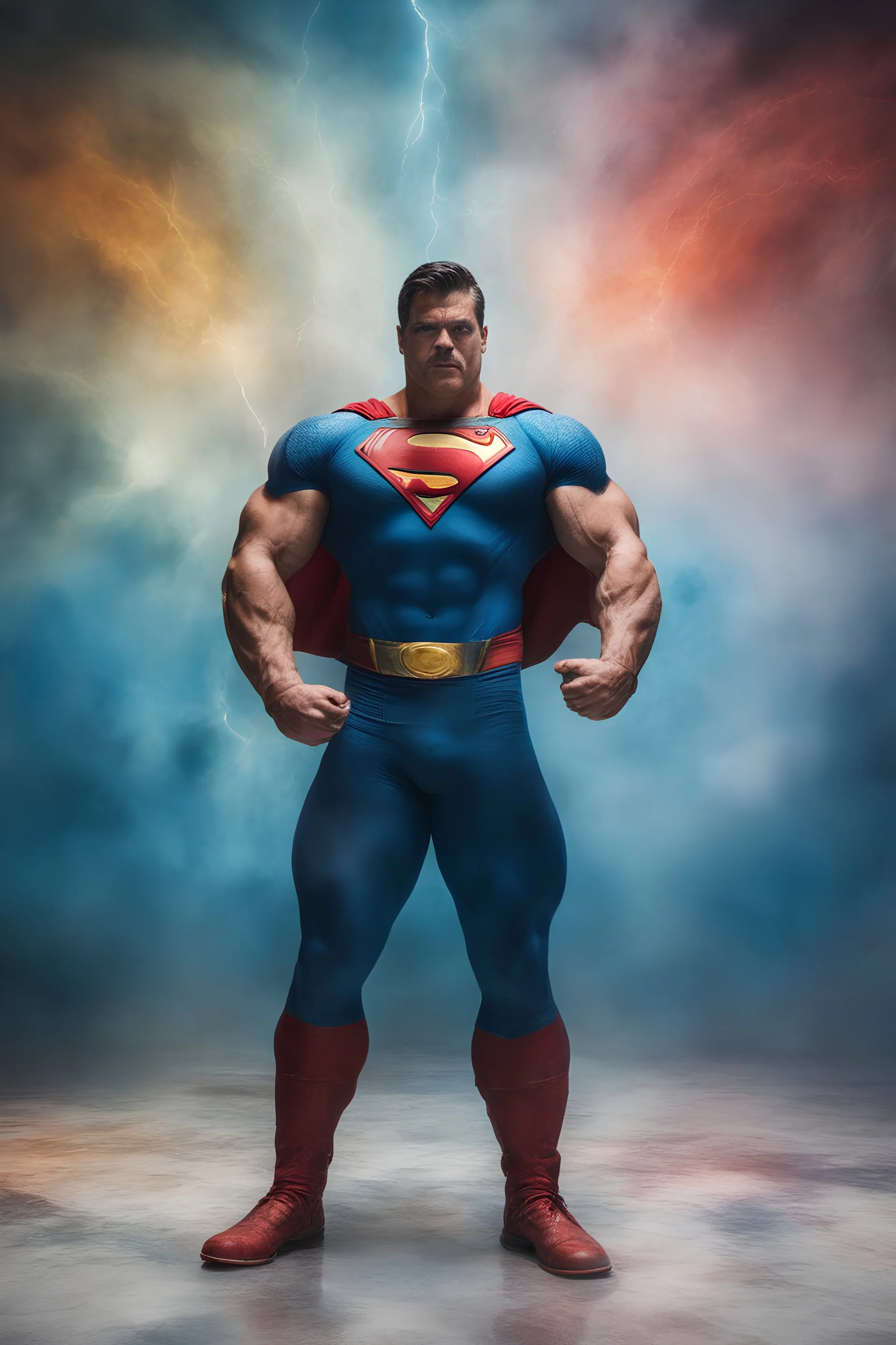 Superman, extremely huge, overexaggerated muscles, posing and flexing in a front of the camera, random extreme action poses, an extremely colorful, multicolored foggy blue marble wall in the background with a colorful marble tile floor, multicolored lightning, realism engine,