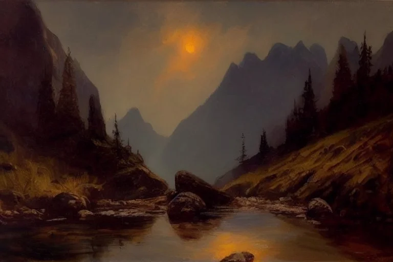 mistery night, mountains, rocks, river, epic, gothic and dark, wilfrid de glehn, friedrich eckenfelder, and anna boch impressionism paintings