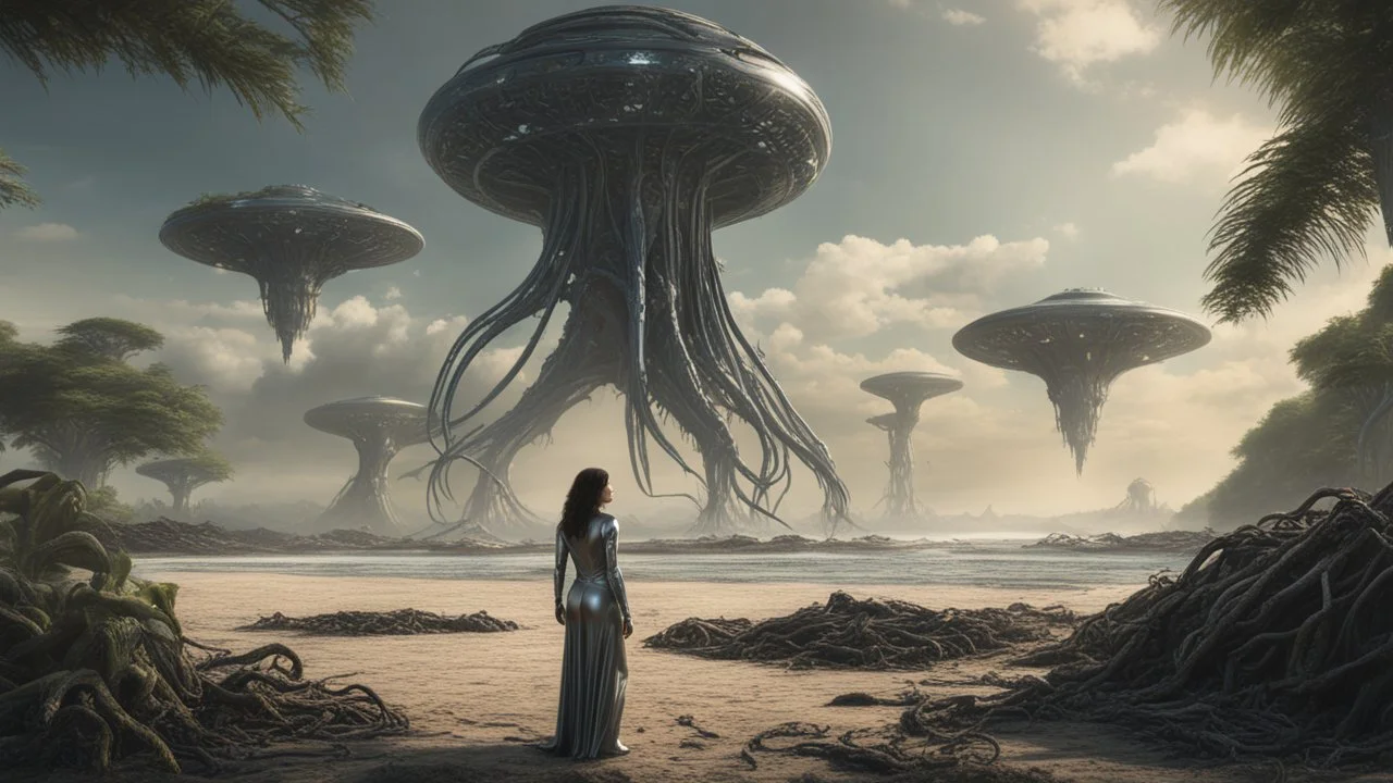 Wide-angle shot of a woman, standing on the right on an alien beach, with dark hair in a silver robotic catsuit, many floating aliens with long tentacles, alien jungle trees in the distance detailed matte painting, deep colour