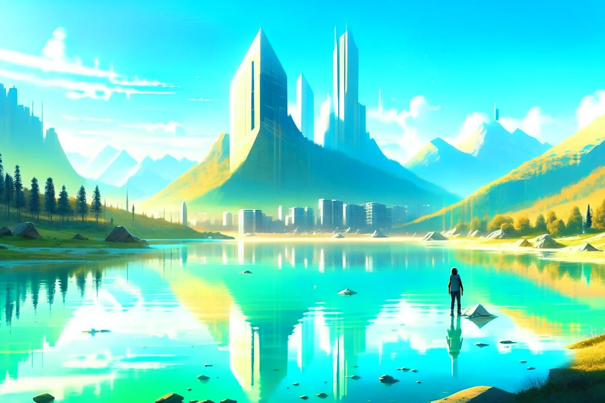 Sunny day, distant modern city, lake, lake reflections, people, mountains, sci-fi