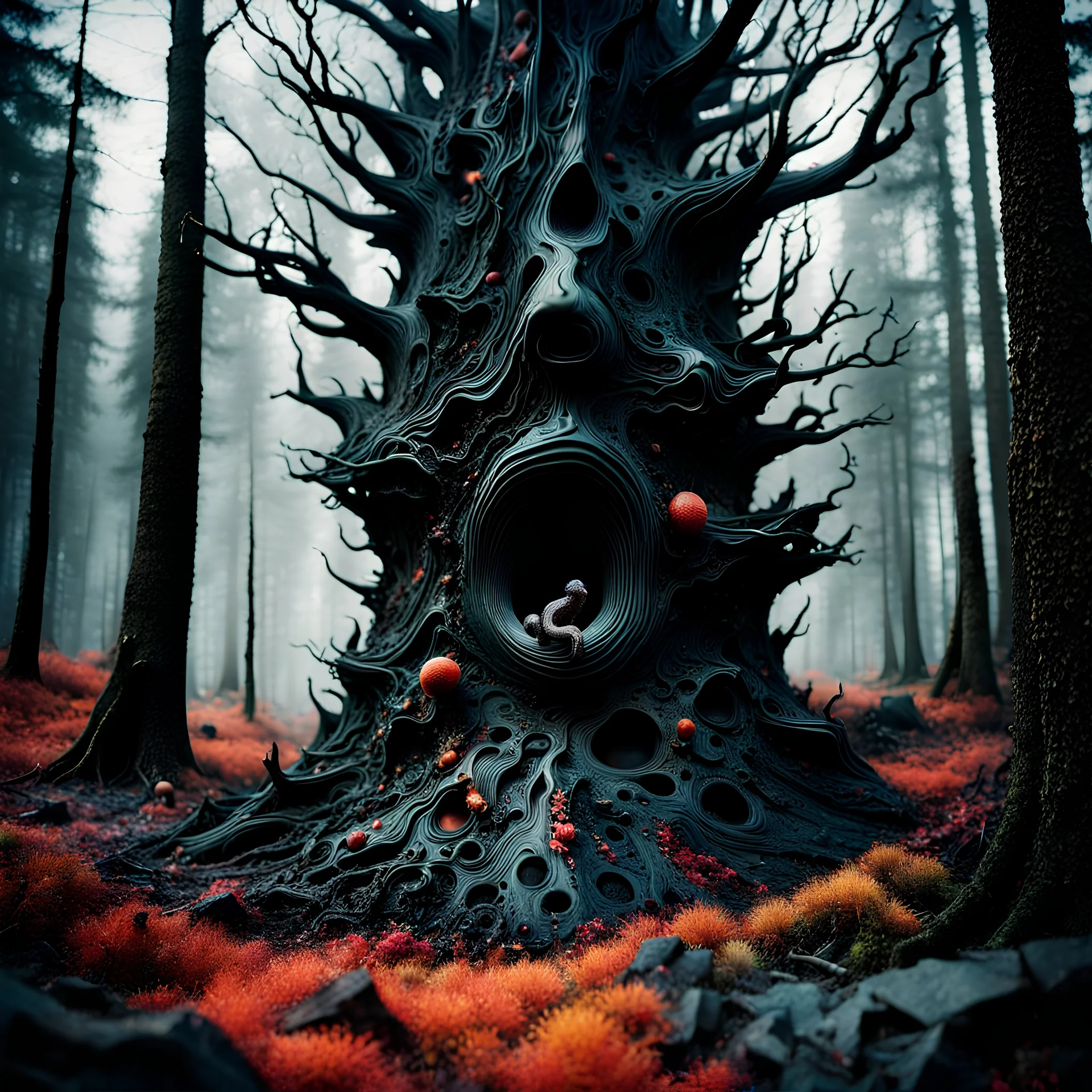 Hyperrealistic photograph, polaroid, irregular black spots, 8k, 3d render, Zdenek Burian, melting horror, tridimensional figures, intricate patterns, forest, sinister scribbles, colors, shot on Hasselblad, Yves Tanguy, 33mm photography