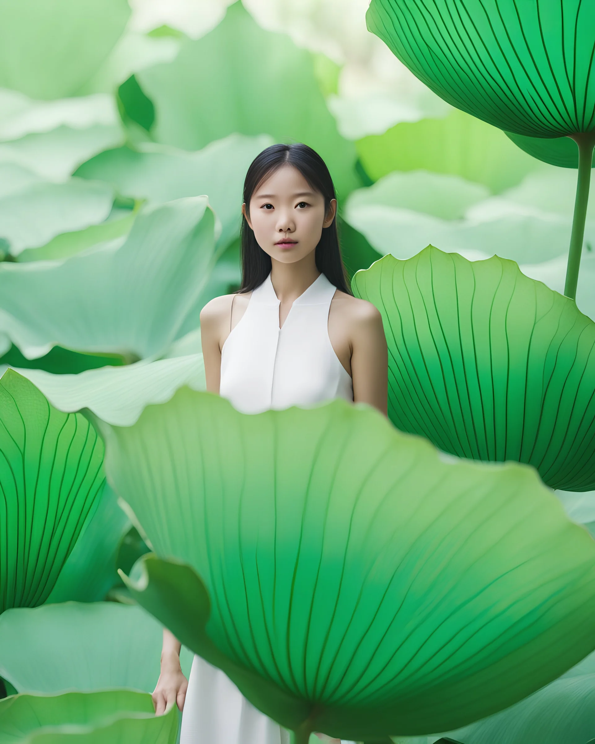 A 25 year old Asian girl stands behind a lotus, big leaves of lotus on a white, background, light green and emerald green, CloseUp, CU, the leaves of lotus is a digital file with a clear overlay, elsa bleda, ueda fumito, green, environment alawareness, soft and rounded forms, color photography pioneer, hyper quality, 8k