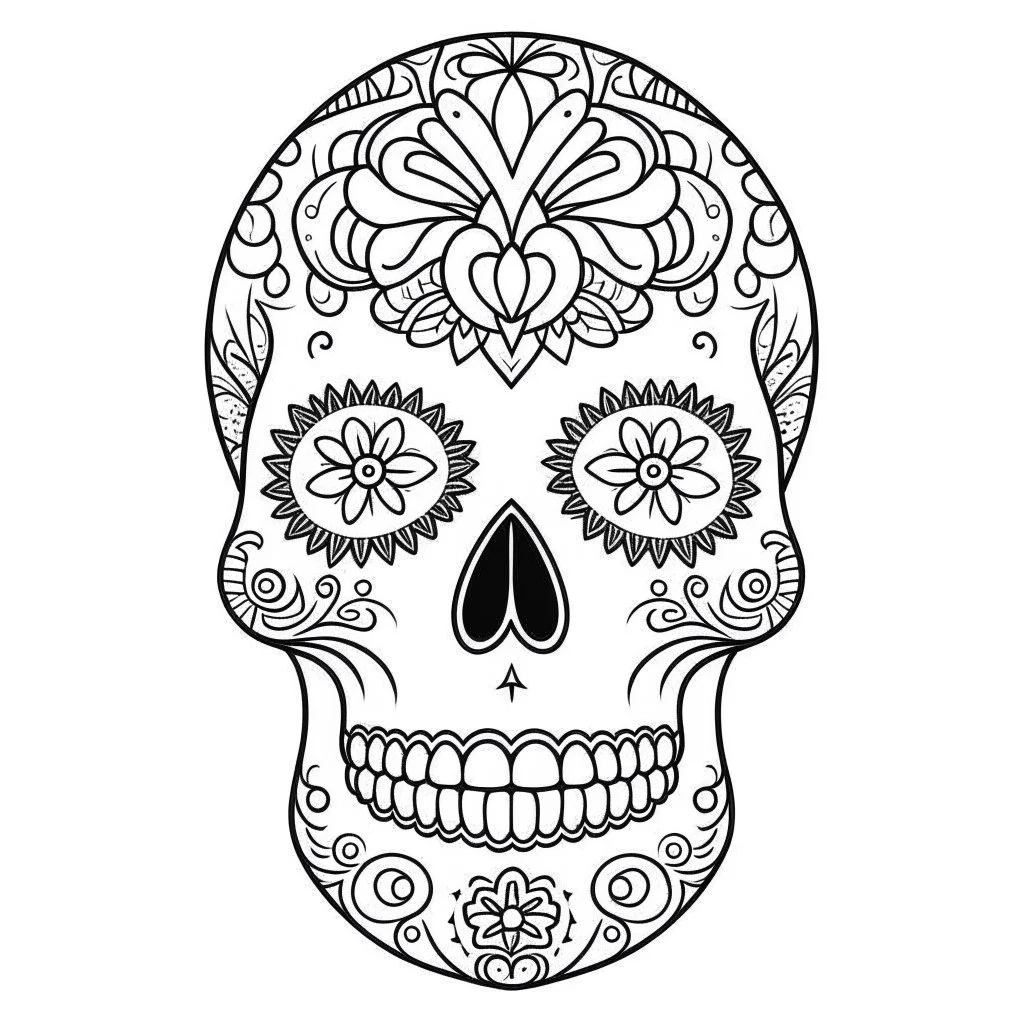 sugar skull, full view, realistic face, coloring page, only draw lines, coloring book, clean line art, –no sketch, color, –ar 3:4, white background, minimalistic black lines, minimal black color, low level black colors, coloring page, avoid thick black colors, thin black line art, avoid colors, perfect shape, perfect clear lines,