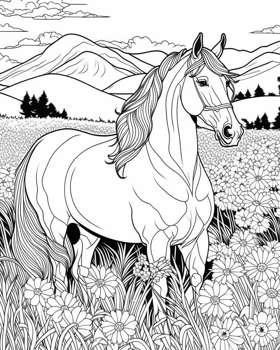 A horse with a flowing mane visiting a meadow. coloring page