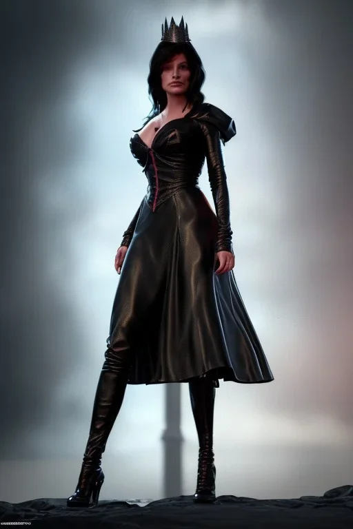 Young Sandra Bullock as evil queen in black leather gown, angry, busty, curvey, cleavage, unreal 5, octane render,cinema4d, dynamic lighting, dramatic lighting, 4k, redshift render, highly detailed, hyper realistic