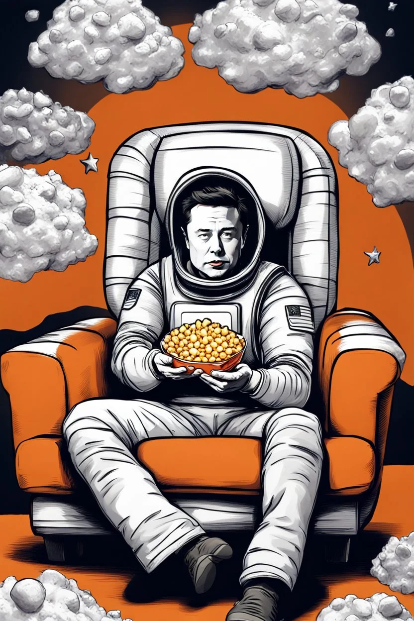 simple scene, Elon musk sitting on the moon on an orange couch eating popcorn, looking unamused at planet earth,. selective colours