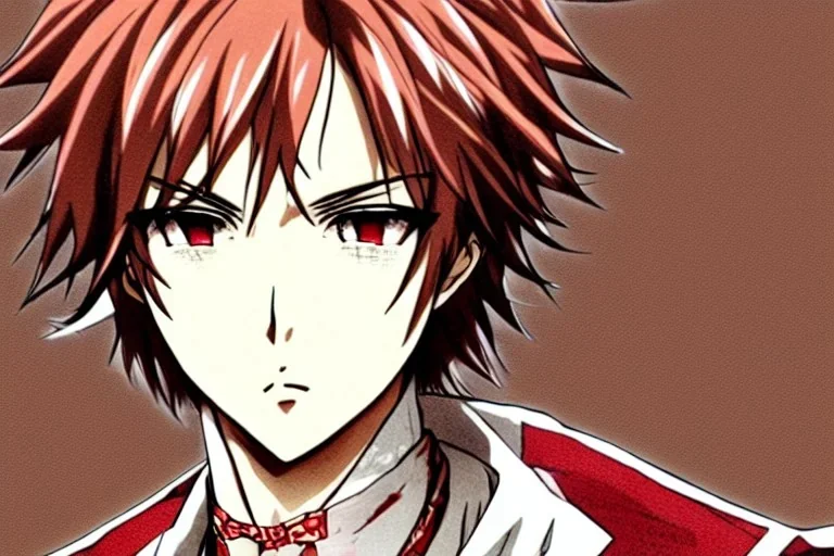 Detailed pretty anime boy, brown hair with blonde strips, keep head in frame, headshot, glaring, brown eyes, covered in bandages, looking serious, illustration, digital painting, only one character, color scheme red, wearing many bandages, Osamu Dazai inspired, anime inspired, manga, dazai, red hair, Chuuya, pretty, scruffy, angry, brooding, manga inspired, small nose, long lower eyelashes, handsome, one character, headshot, glaring, cute, wearing a bandage on neck, small nose, scruffy hair