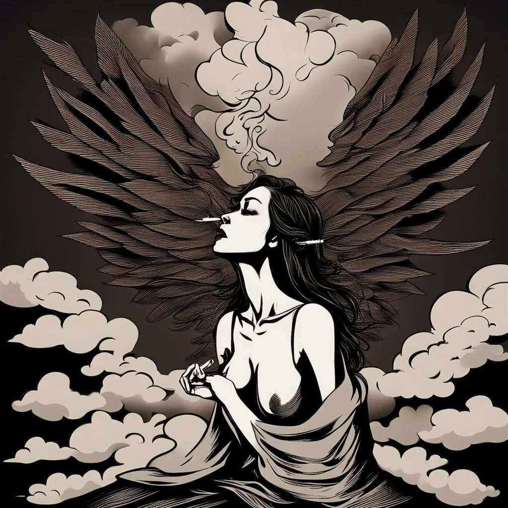 woman sitting forward Her face upward and blows cigarette smoke from their mouth upward. a figure with wings emerging from its back. behind the clouds of smoke look death. dark and mysterious