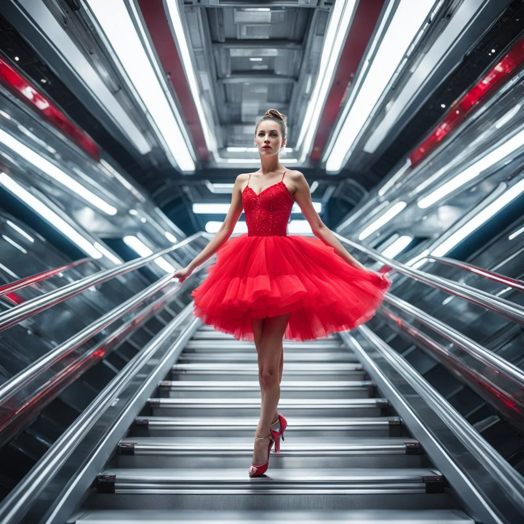 a ballerina in a red frilly dress on the escalator of a space station