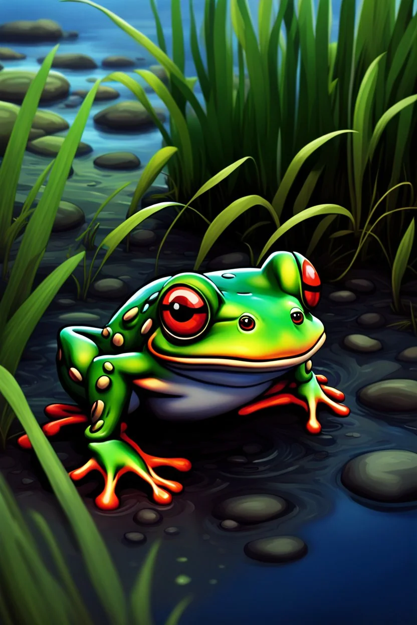 Create a captivating, high-resolution image of a leapfrog on a riverbank. The frog should appear almost hypnotic, with a gaze that directly engages the viewer as if it's looking into the camera. The artwork must be rendered in an 8k ultra-detailed cartoon style, showcasing vibrant colors and intricate details that bring the character to life