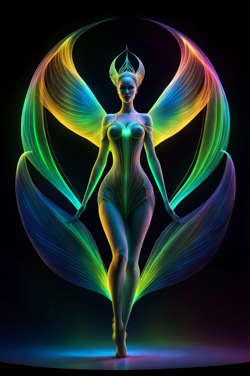 A stunning full body photo of a strange air creature made of aurora borealis, glowing, nene thomas, volumetric atmosphere, best quality, sharp focus, highres, vibrant intricate, insanely detailed, breathtaking, precise lineart, comprehensive cinematic, max detail, 4k uhd, digital art, adward winning, trending on artstation, dynamic pose