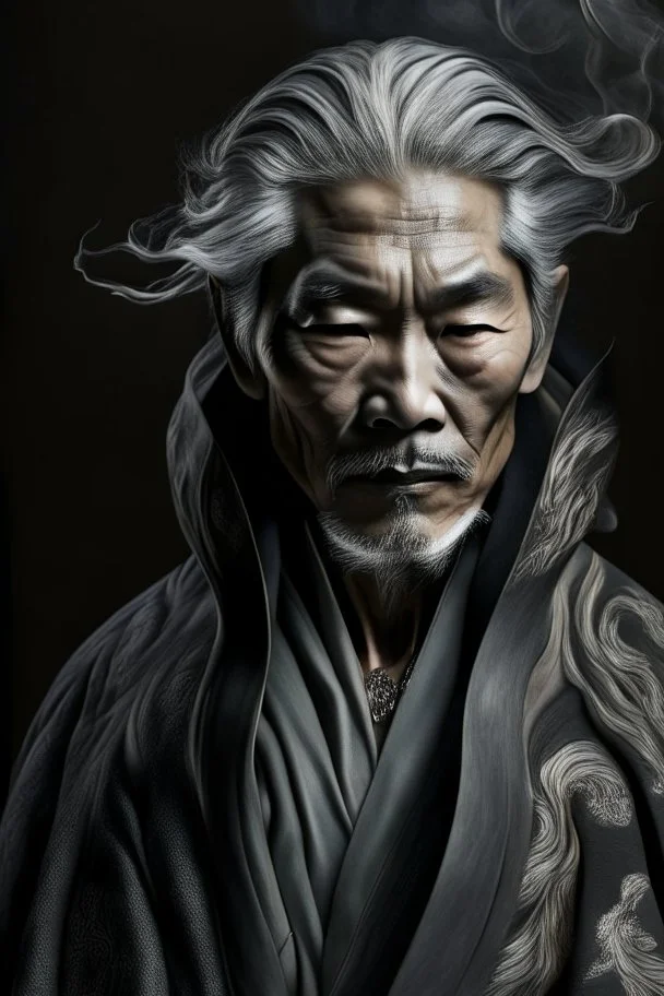 a photo of an Asian man with ethnic jewelry, grey hair and grey flowing robe, in style of Annie Leibovitz, contemporary portrait of a mature yet beautiful and modernist man, black and grey, detailed masculine face, swirling fluid smokey enigma, award-winning artwork