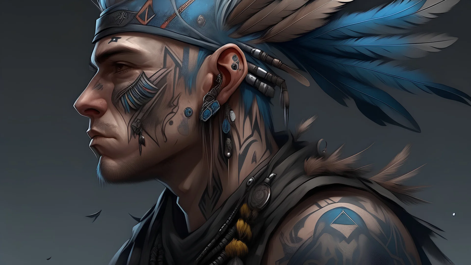 drawing, feathers, punk hooligan man, tattoo, high resolution, Artstation trends, fine details, 8K