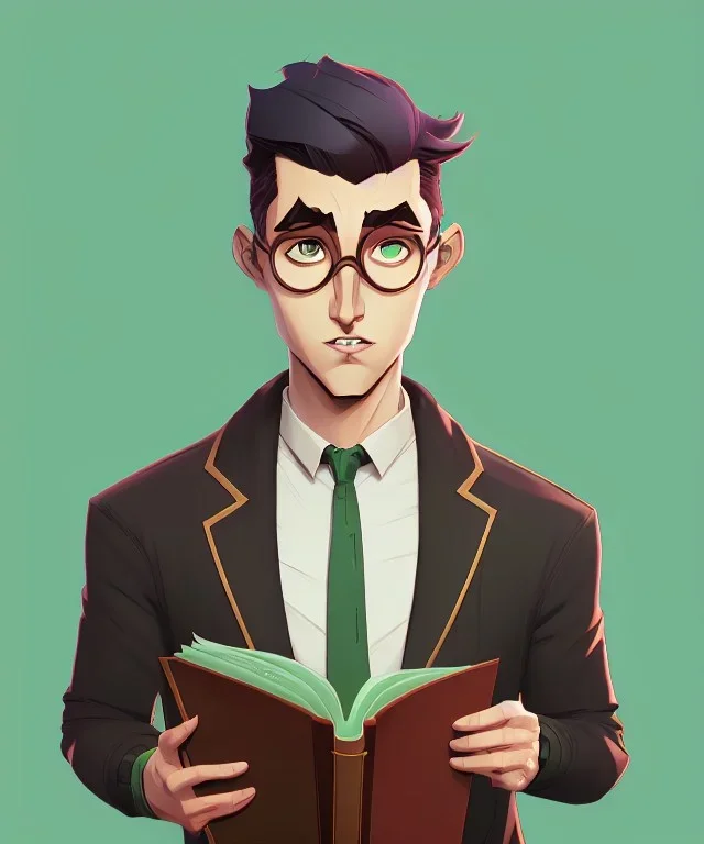 Fit man in round glasses with bookshelf in background,no beard, reading book, slim, tie, monotone, green eyes, comic book style, two tone colours, detailed, ink, realistic, handsome, square jaw, big brows, no jacket, bird on the shoulder, spotlight