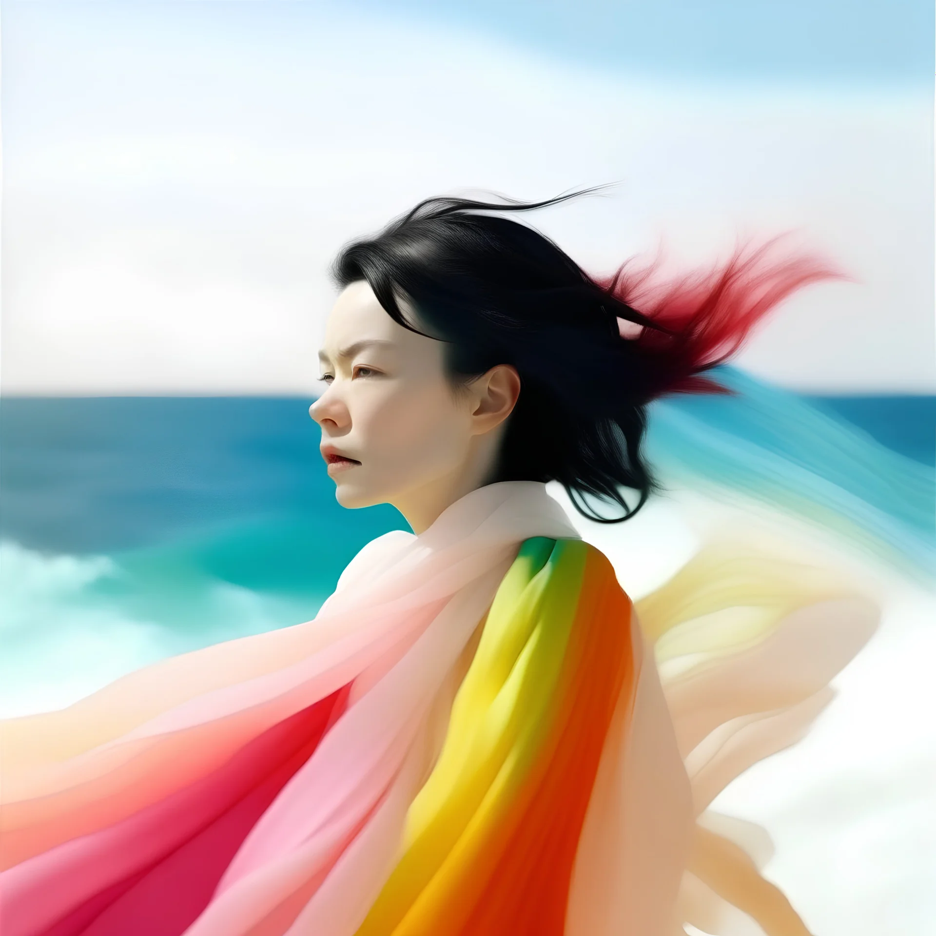 Bjork, A white curtain above the sea, turquoise, pink, orange, yellow, wind blowing