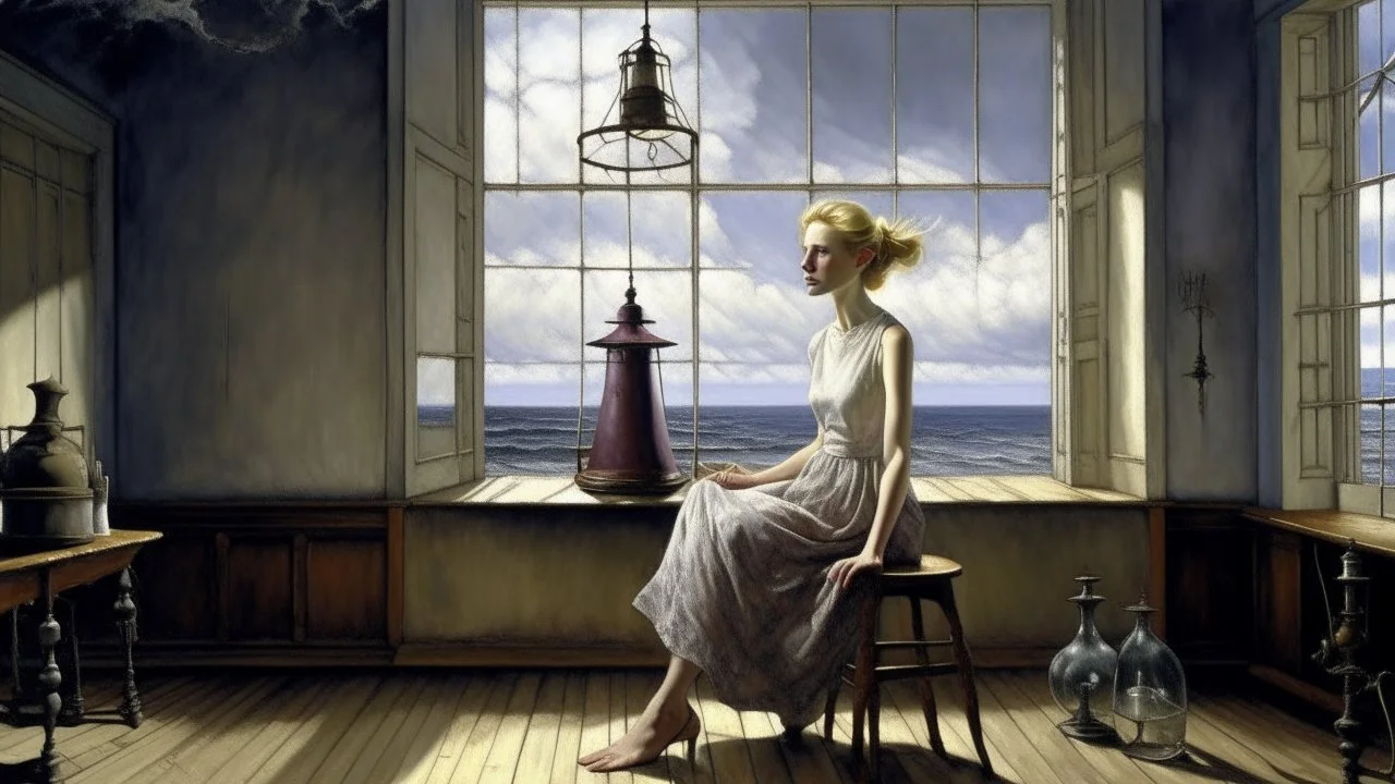 a woman with short blonde wavy hair, long legs, big feet, beautiful arms and big hands, hyper pose , tight and lacy and violet and transparent dress, sits on a stool drinking poison from a bottle , dramatic, lighthouse room, very high ceiling, long windows, artistic, complex details, very realistic, art by Andrew Wyeth and N.C.Wyeth