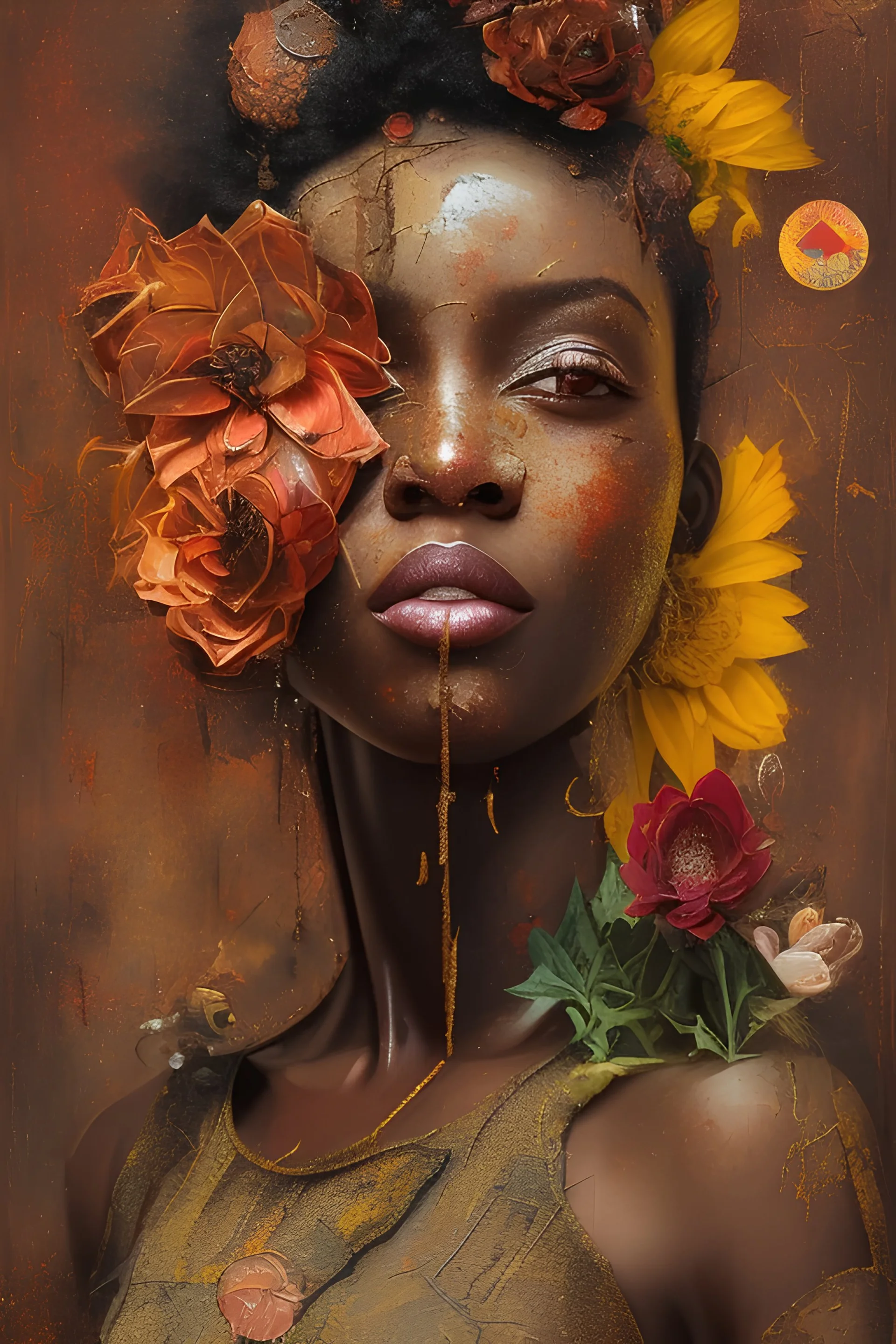 an abstract painting of rusted metal and flowers, african portrait, rust, scaffolding, iron cladding, decay, mixed media, textured, anatomically correct, beautiful perfect face, sharp focus, highly detailed