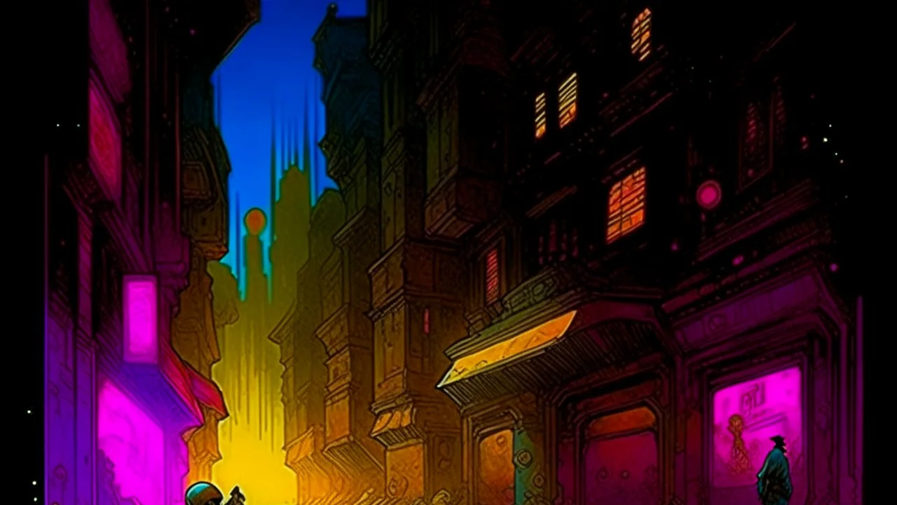 John Harris Style page, dark serious 1990s style, ((masterpiece, best quality)), (((solo))), full color, retro anime style, full color, dark serious 1980s steampunk cityscape, magic,