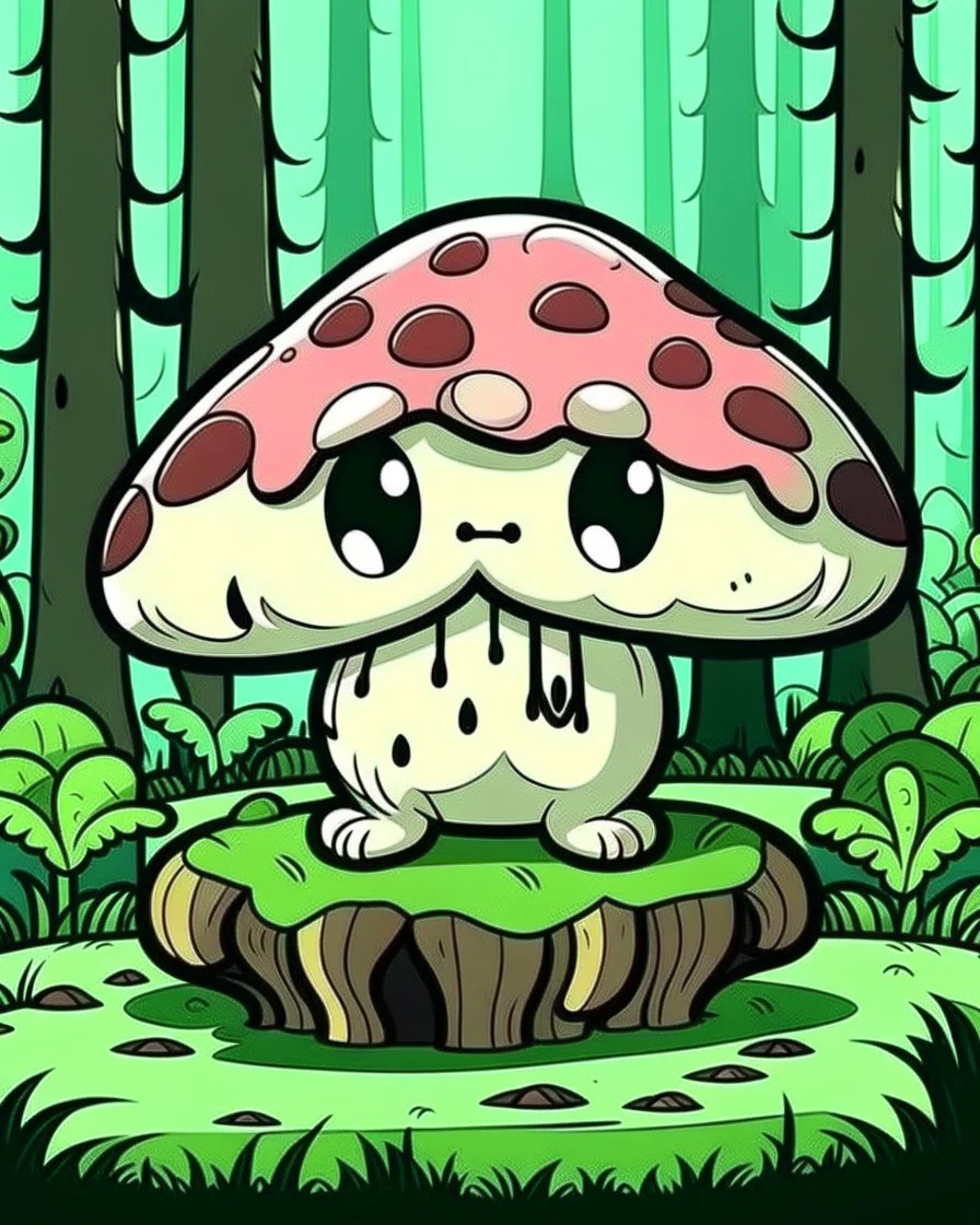 magical kawaii mushroom with a big, frowning mouth and droopy eyes, sitting on a mossy log in a quiet and peaceful forest, lost in its own thoughts, high details, forest background, cute, kawaii style, outline, cartoon style