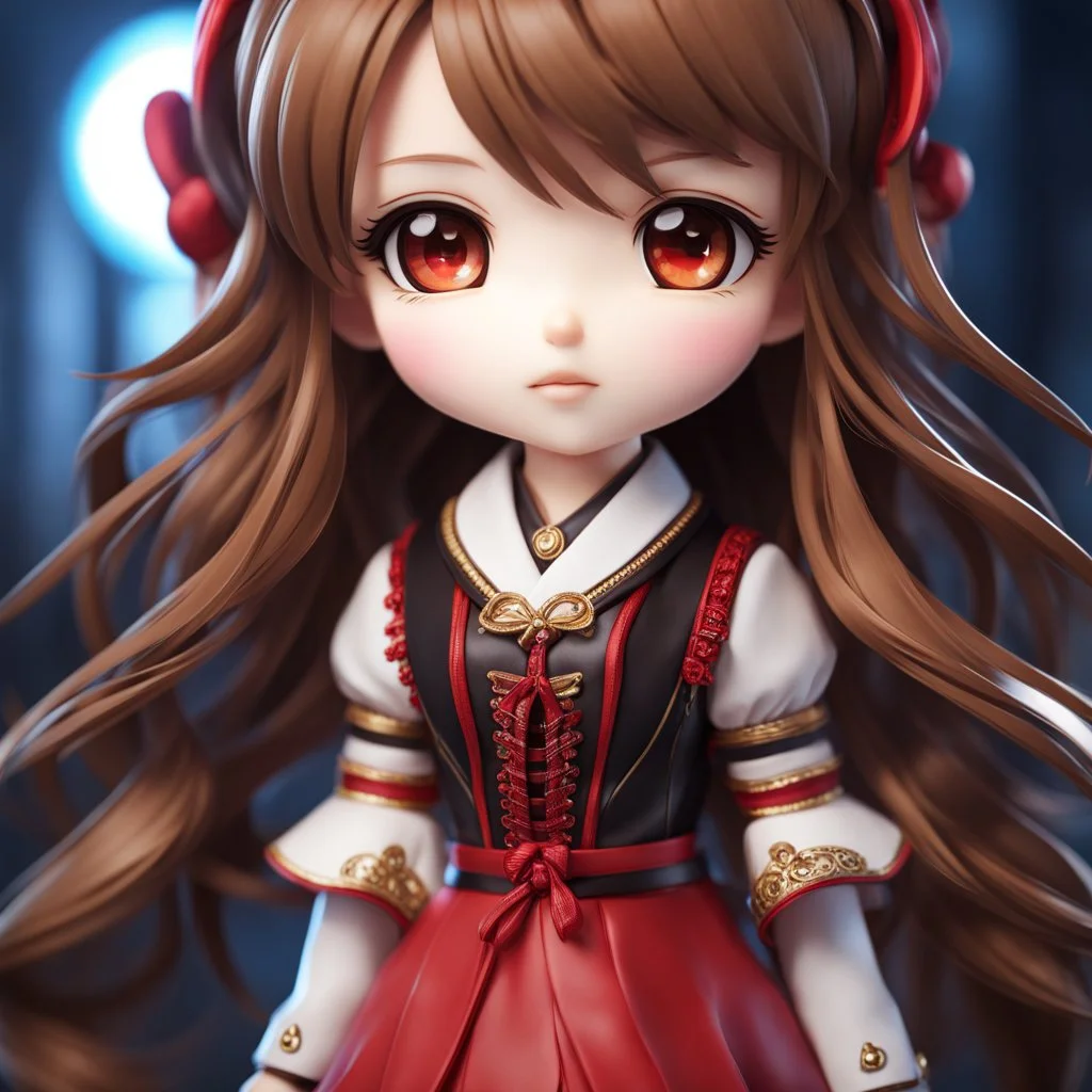 close-up headshot of a chibi girl with long brown hair, vibrant red eyes, cute, childlike, intricately detailed, masterpiece, anime chibi doll, 4k, dress