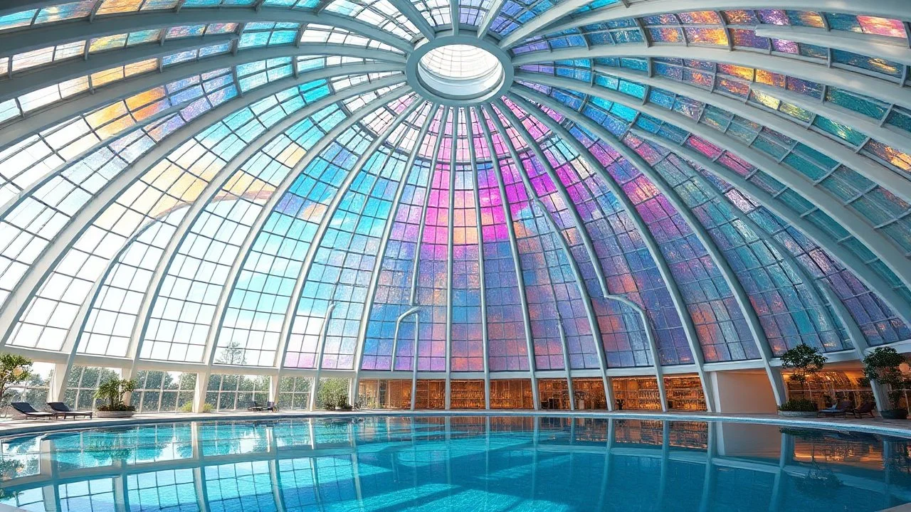 A massive dome-shaped structure with a smooth, curved surface and intricate, web-like window patterns. The dome is constructed from advanced, multicoloured transparent materials that filter sunlight, creating a serene and otherworldly indoor oasis. Under the dome is a stunning circular swimming pool. Award-winning photograph, beautiful composition, exquisite detail and illumination