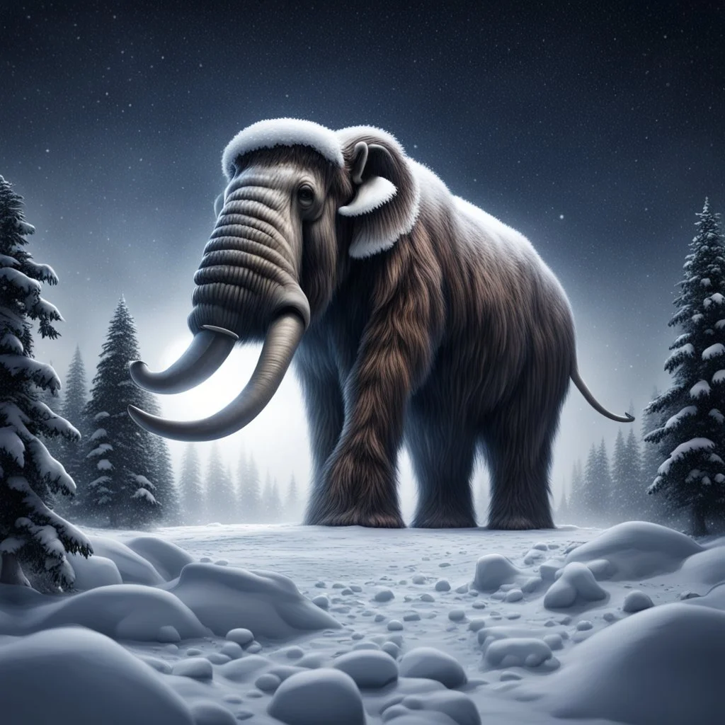 Hyper Realistic UFO above woolly mammoth, snowscape at heavy snowfall night