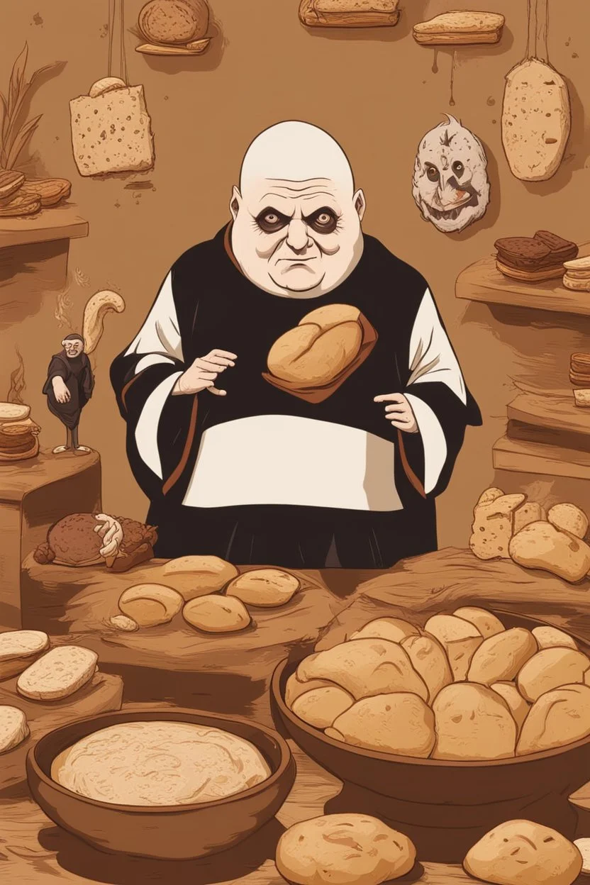 Uncle Fester Addams in front of Some Breads and Other Things Arranged on a Brown Background