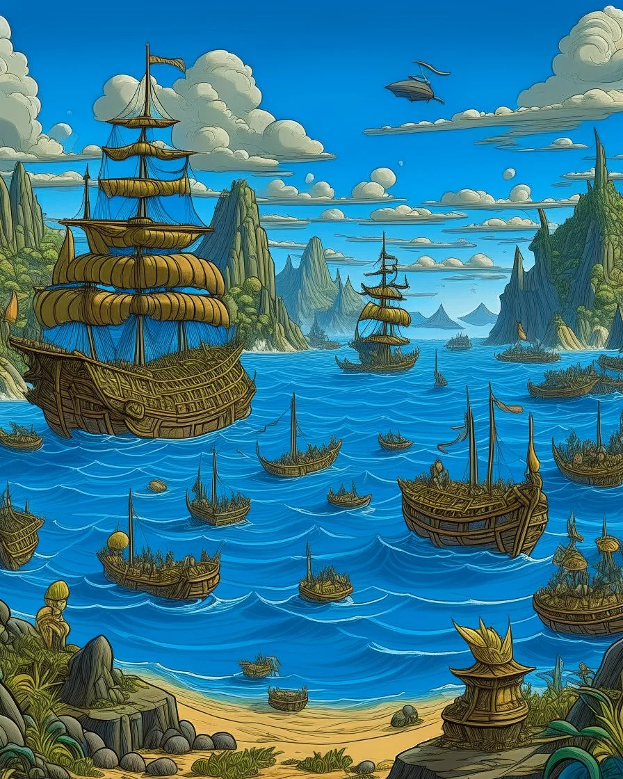 A blue bay filled with heroic pirate ships designed in Hawaiian tikis