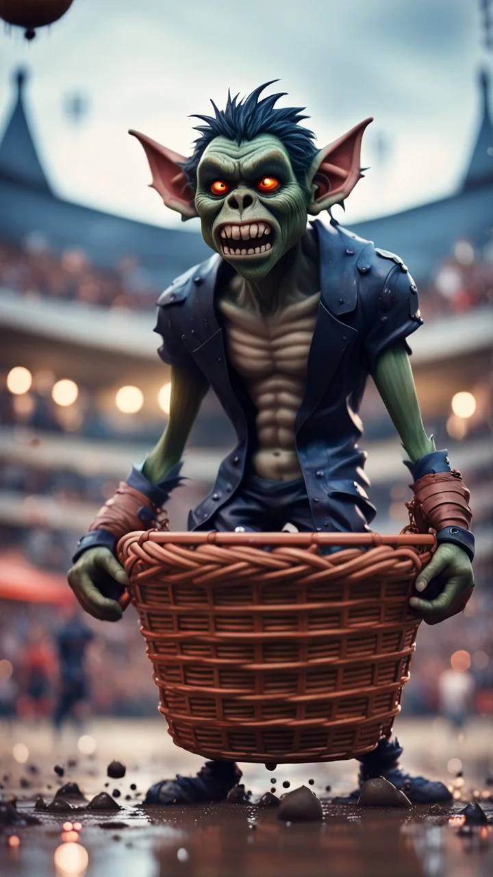 full figure portrait of a giant dunking basket player vampire werewolf goblin gremlin in big basket on wet soil in front of dome court, in the style of Gorillaz,bokeh like f/0.8, tilt-shift lens 8k, high detail, smooth render, down-light, unreal engine, prize winning