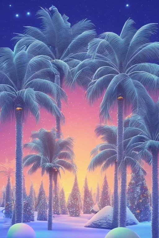 1980's vaporwave aesthetic palm trees in Christmas winter