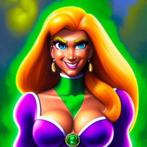 ultra detailed fullbody portrait of beautiful busty Daphne Blake Scooby-Doo, wearing skintight green costume, extremely detailed digital painting, intrincate, extremely detailed smiling face,crystal clear Big Green eyes, in the style of adam hughes , mystical colors , perfectly centered image, perfect composition, rim light, beautiful lighting,8k, stunning scene, raytracing