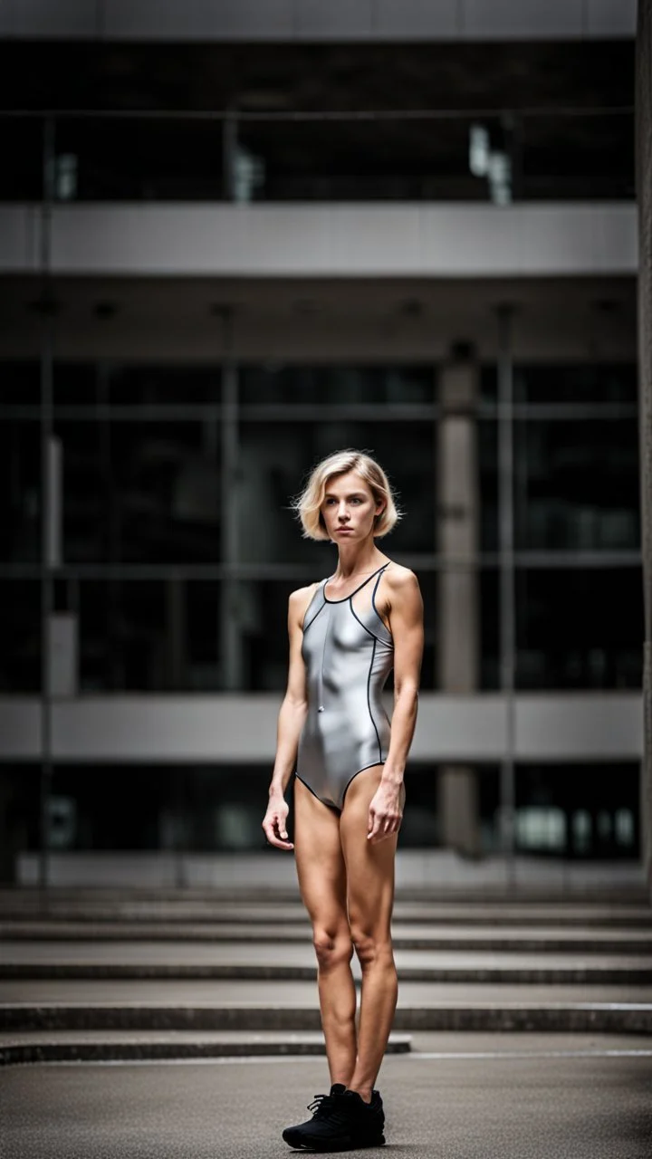 beautiful anorexic woman, total shot, short silver triathlon swimsuit, short blond wavy bob hair, blurred concrete background