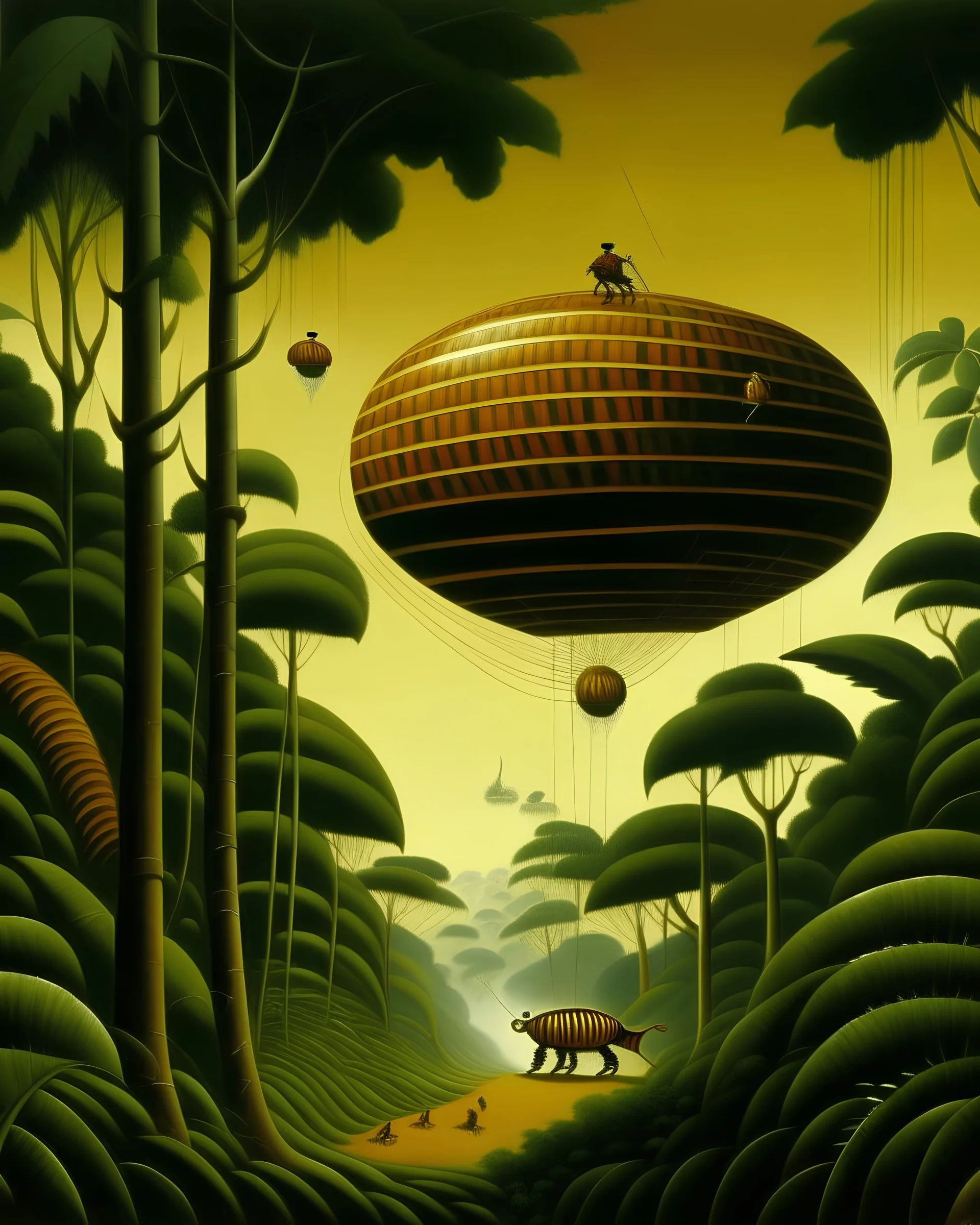 Beehive airships hovering over a jungle painted by Henri Rousseau