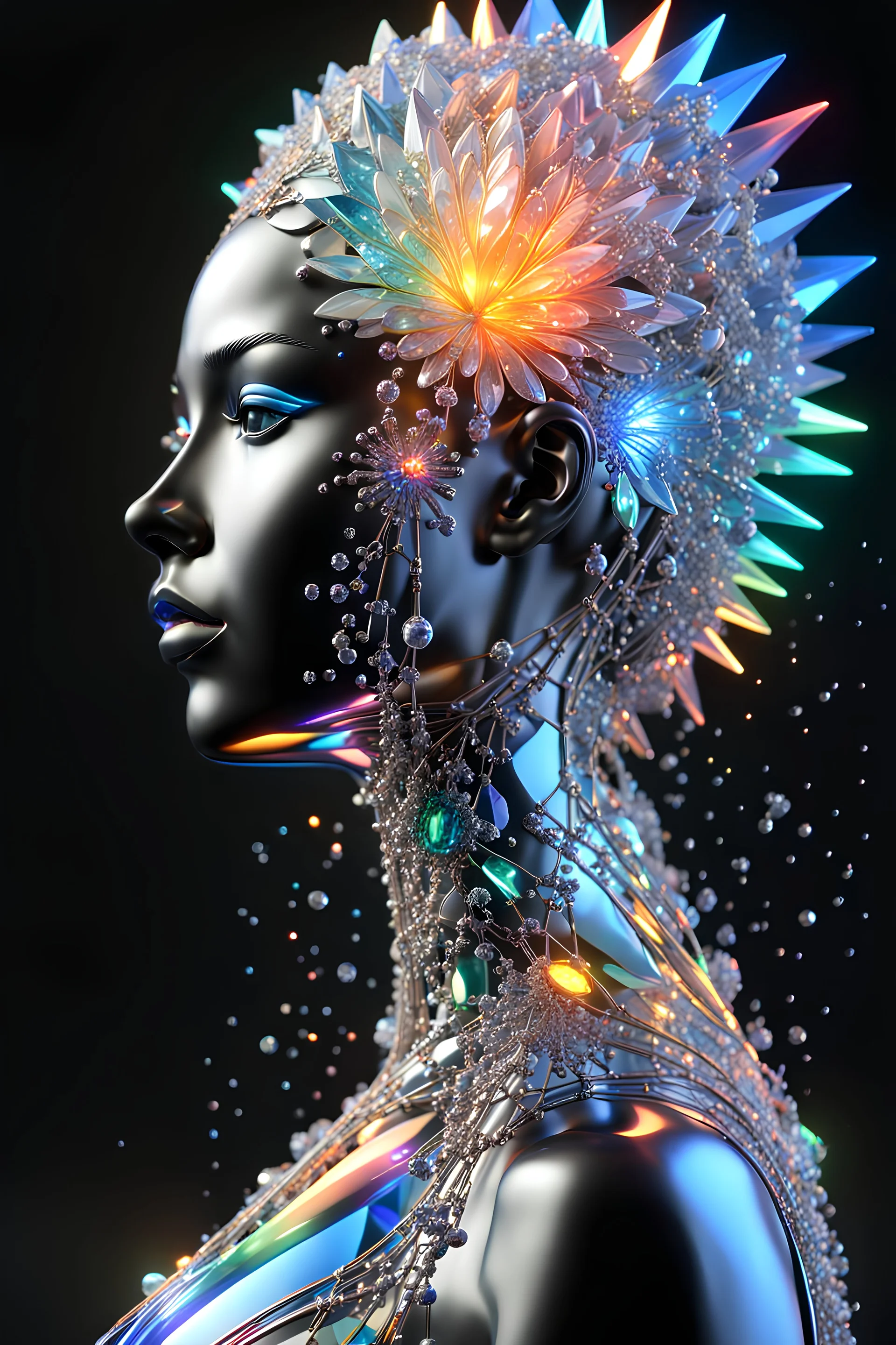 3D rendering of Expressively detailed and intricate of a hyperrealistic “human figurine”: shinning crystal, molecules, glossy skin, neon rainbow, side view, scientific, single object, black background, cosmic fractals, octane render, 8k post-production, dendritic, artstation: award-winning: professional portrait: atmospheric: commanding: fantastical: clarity: 16k: ultra quality: striking: brilliance: stunning colors: amazing depth