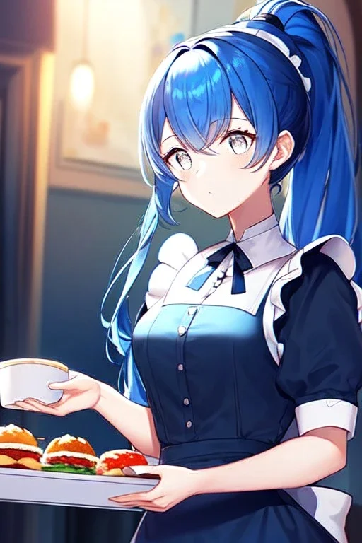 girl, masterpiece, best quality, cinematic lighting, detailed outfit, vibrant colors, perfect eyes, blue hair, long hair, white eyes, ponytail, maid, indoors, looking up, food,