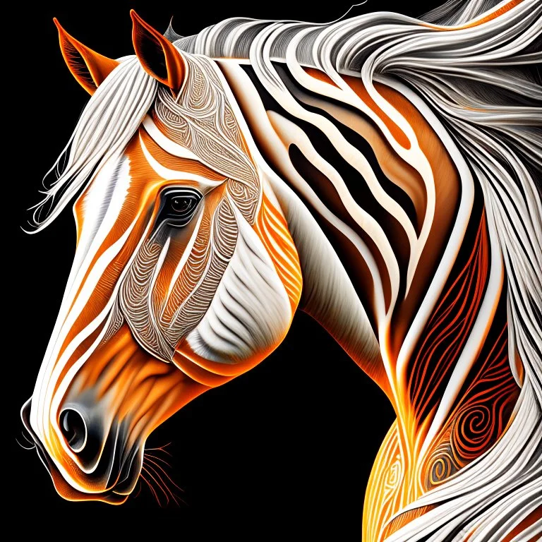 Horse Palomino symmetrical design front view ink art colours orange cream white and black hyper-detailed realistic 8k