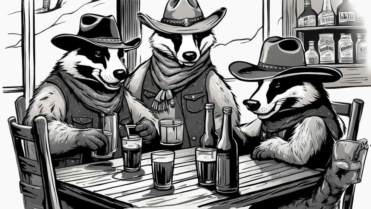 Anthropomorphic American badger wearing a cowboy hat and having a drink at the saloon with his other anthropomorphic animal buddies. Illustration.