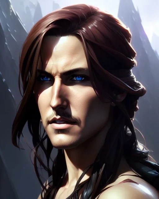 "matt mercer, beautiful eyes, full-scale head and shoulders portrait, 8k resolution concept art portrait by Greg Rutkowski, Artgerm, WLOP, Alphonse Mucha dynamic lighting hyperdetailed intricately detailed Splash art trending on Artstation triadic colors Unreal Engine 5 volumetric lighting Splash art fantasy