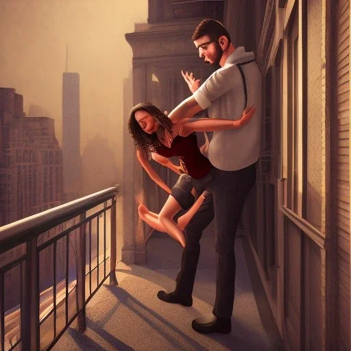 a man pushing a woman over a balcony, downtown new york at night, dramatic, dramatic lighting, volumetric lighting, hyperrealism, 8k, high quality, photorealistic, lot of details