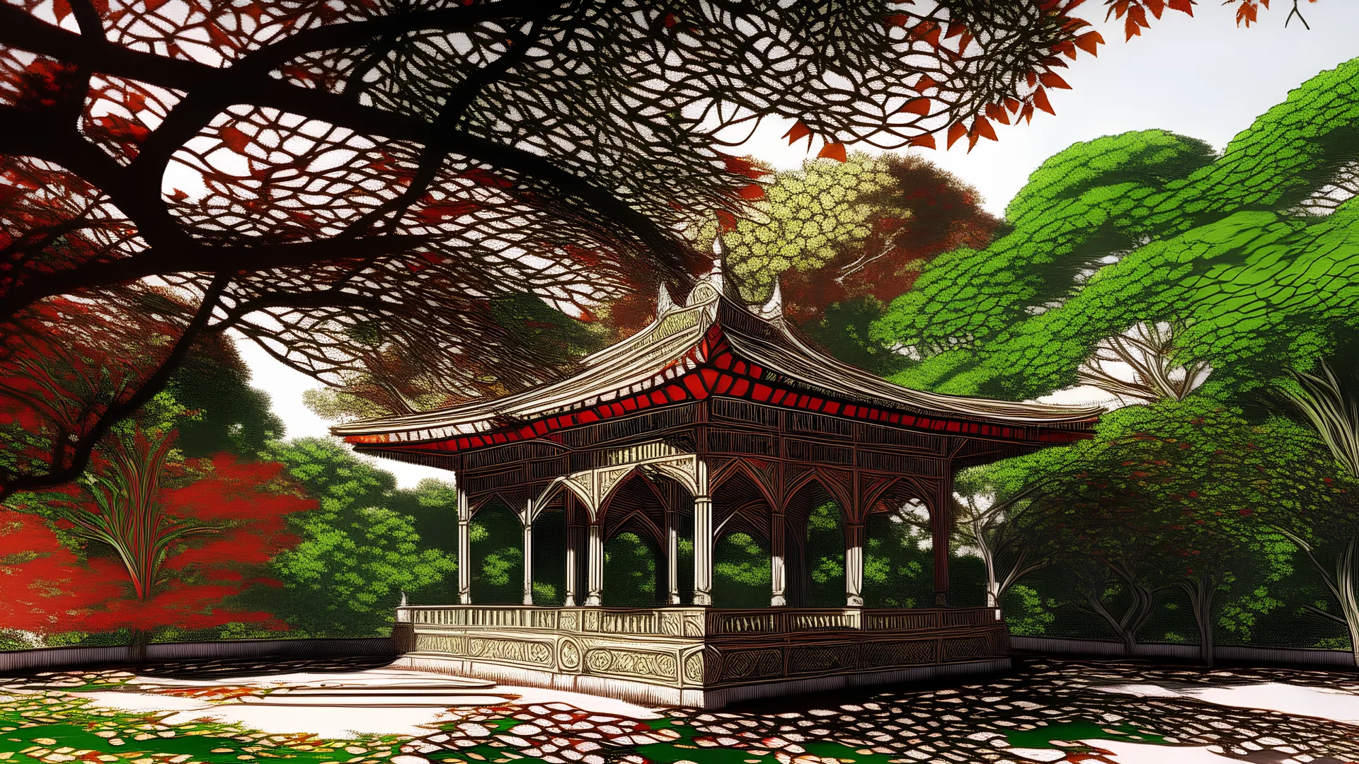 Generate an image inspired by the provided picture of a pavilion, capturing the essence of serenity and architectural beauty. Emphasize the intricate details and unique features of the pavilion while infusing the scene with a tranquil atmosphere. Ensure the generated image reflects the same sense of calm and aesthetic appeal, celebrating the architectural elegance depicted in the input image.