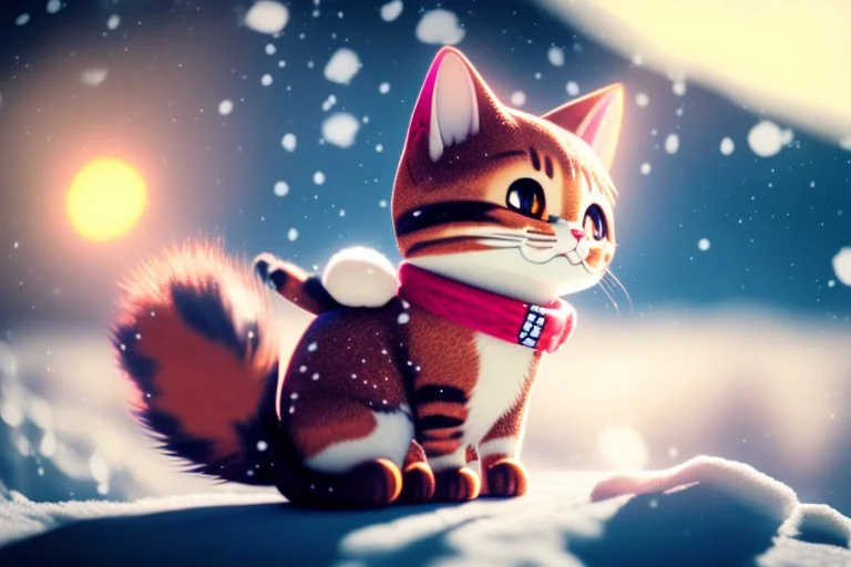 cute chibi anime frightened cat, crashed airplane in the snowy mountains in sunshine, ethereal, cinematic postprocessing, bokeh, dof