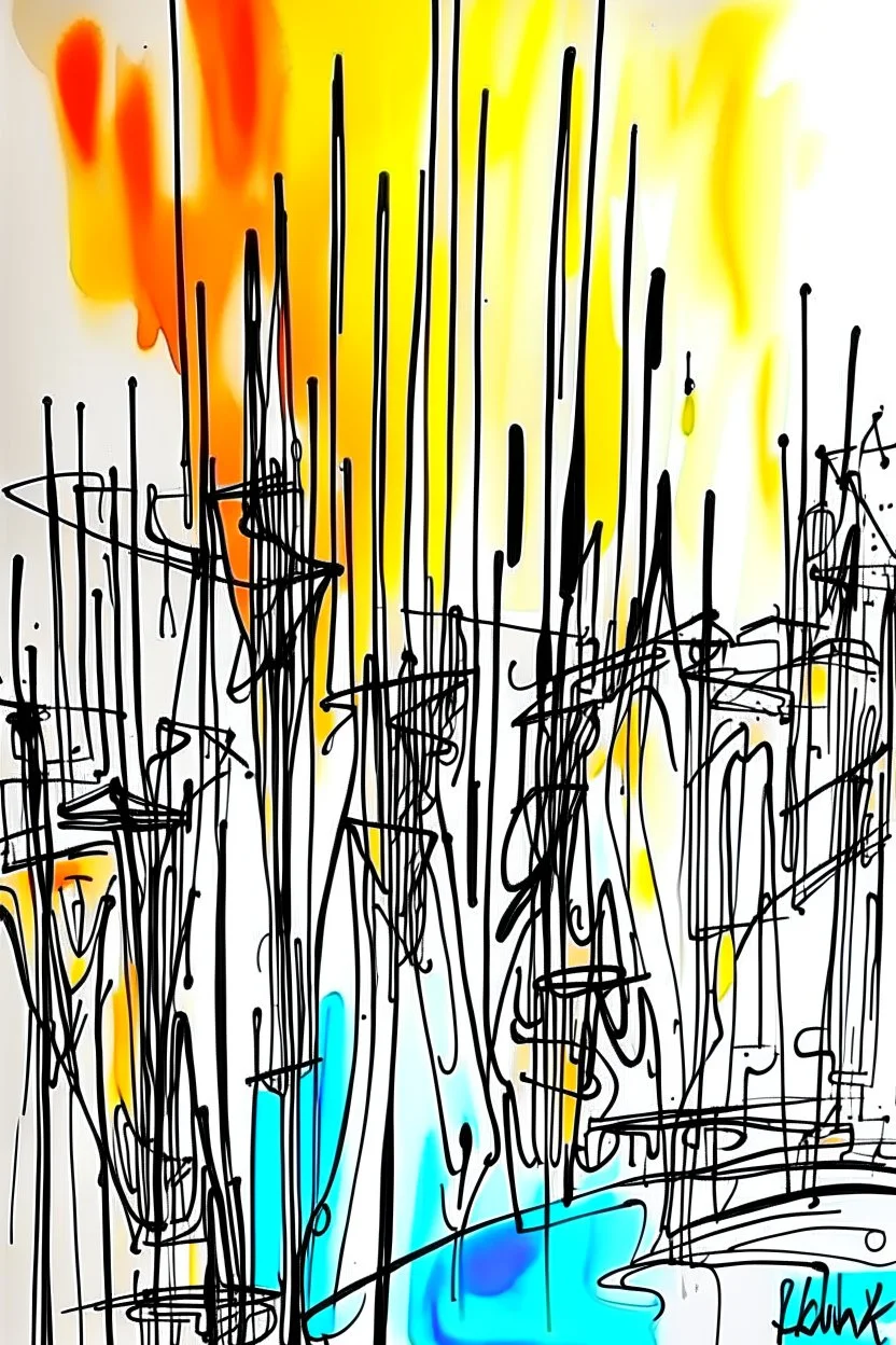 Abstract wet watercolour, ink lines, Bernard buffet