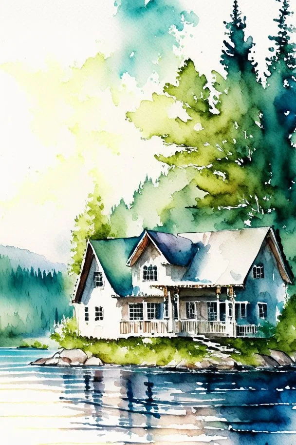 serene vacation lake house, watercolor painting